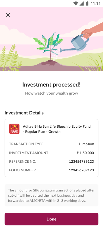 Investment processed confirmation, showing exactly what happens next